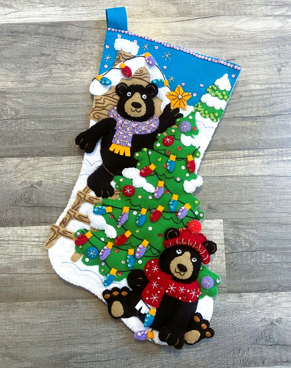 Christmas Stocking | FINISHED Bucilla Kit | Holiday Black Bears Handmade Holiday Stocking | Personalized Stockings