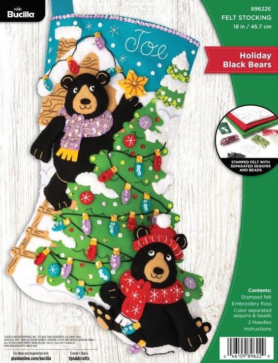 Christmas Stocking | FINISHED Bucilla Kit | Holiday Black Bears Handmade Holiday Stocking | Personalized Stockings