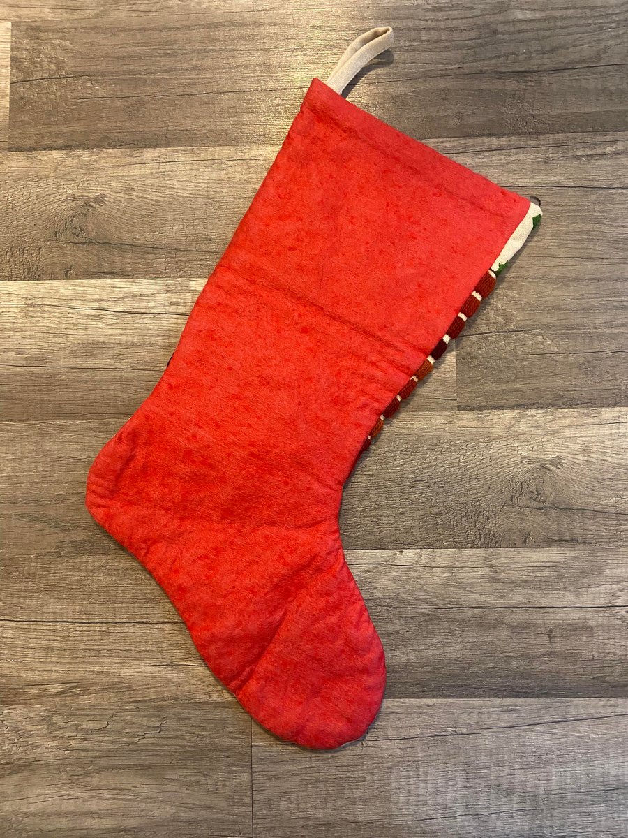 Christmas Stocking Finished 1970's Vintage SUNSET Needlepoint Santa Claus "Santa's Here" Crewel Holiday Decor