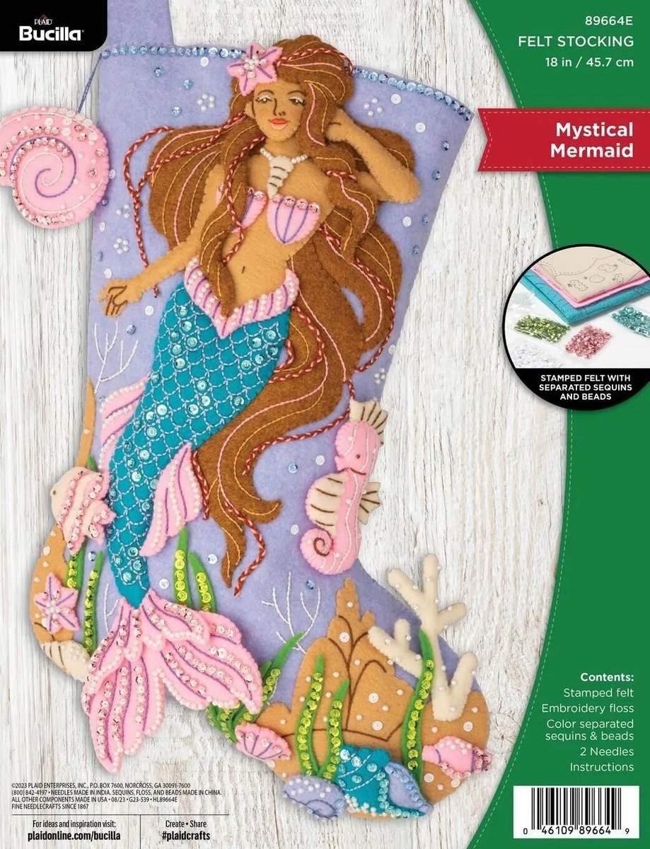 Mermaid Christmas Stocking | Finished Bucilla Kit | GORGEOUS MYSTICAL MERMAID | Sea Princess 89664E | Handmade Felt Stocking