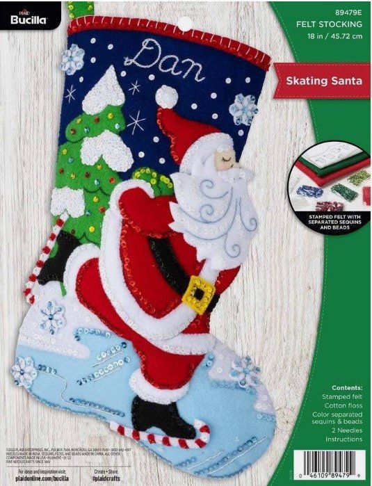 Christmas Stocking FINISHED Bucilla Santa Skating Handmade Felt #89479E Holiday Decor Holiday Stockings Personalized Stockings