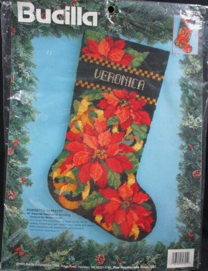 Christmas Stocking New VTG Handmade Finished Bucilla Kooler POINSETTIA TAPESTRY Needlepoint Christmas Stocking 60725