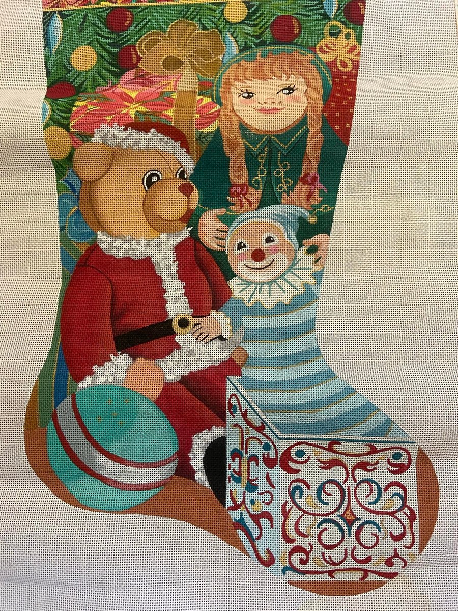 Vintage Miriam Andrade Handpainted Toys Gifts Needlepoint Christmas Stocking Canvas Teddy Bear Doll Jack in the Box Holiday Decor