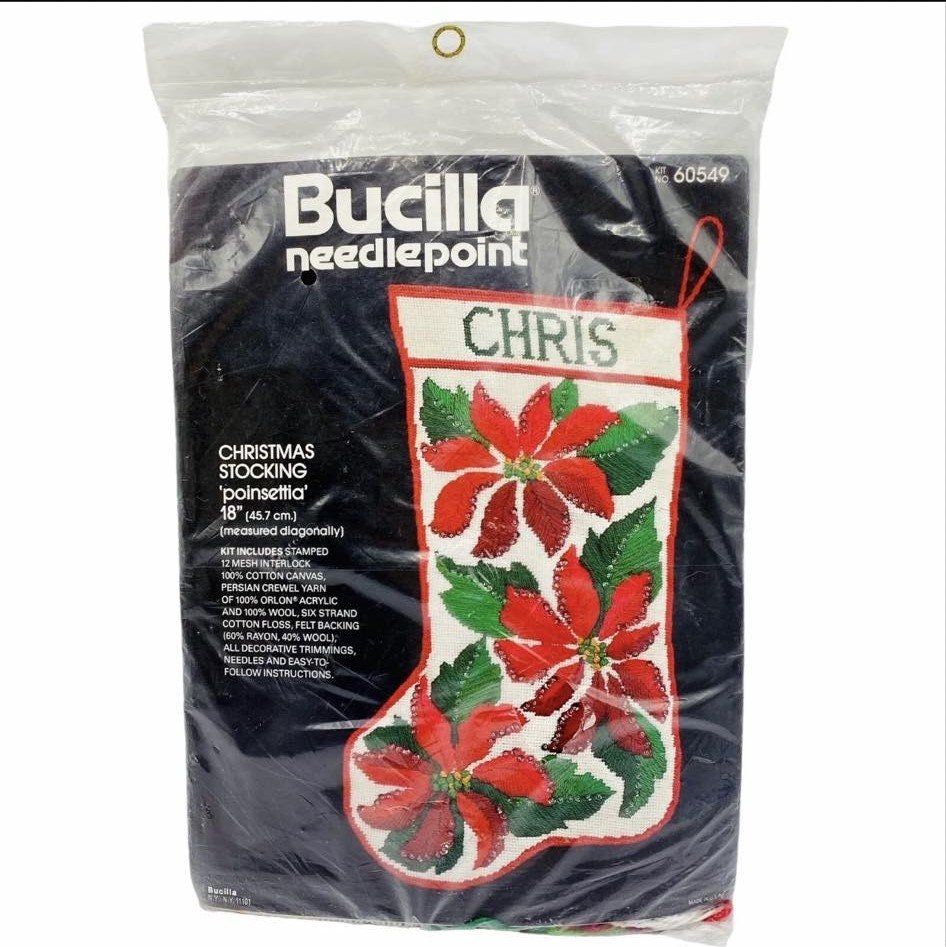 New Handmade Christmas Stocking VTG BUCILLA POINSETTIA 60549 Red Flower Needlepoint Stocking Embroidered Stockings Custom Socks