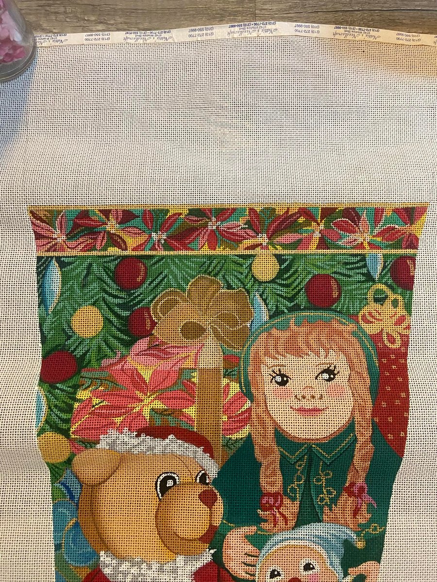 Vintage Miriam Andrade Handpainted Toys Gifts Needlepoint Christmas Stocking Canvas Teddy Bear Doll Jack in the Box Holiday Decor