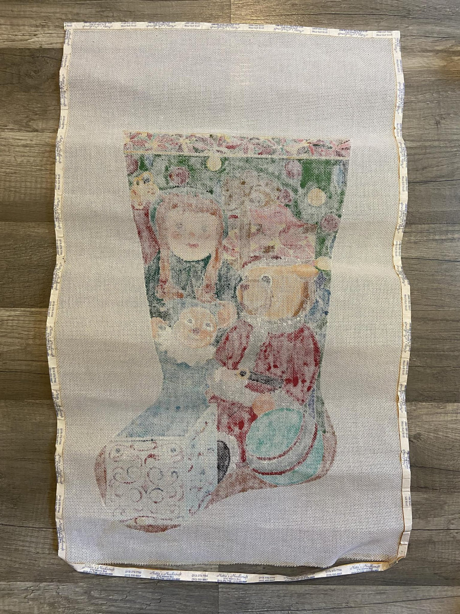 Vintage Miriam Andrade Handpainted Toys Gifts Needlepoint Christmas Stocking Canvas Teddy Bear Doll Jack in the Box Holiday Decor