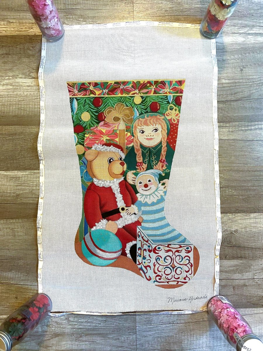 Vintage Miriam Andrade Handpainted Toys Gifts Needlepoint Christmas Stocking Canvas Teddy Bear Doll Jack in the Box Holiday Decor