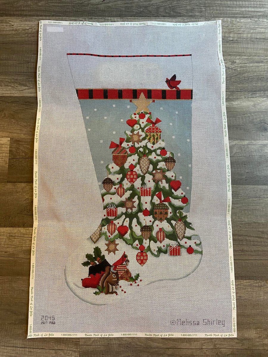 Handpainted Needlepoint Stocking Canvas MELISSA SHIRLEY Acorn Tree 2045 with THREADS Holiday Craft Kit, Birds Cardinals Squirrel