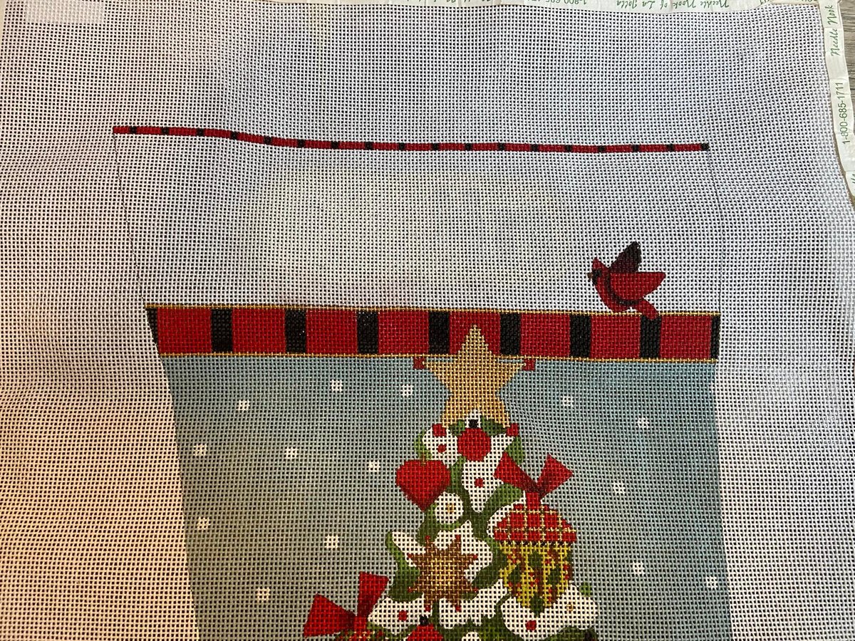 Handpainted Needlepoint Stocking Canvas MELISSA SHIRLEY Acorn Tree 2045 with THREADS Holiday Craft Kit, Birds Cardinals Squirrel