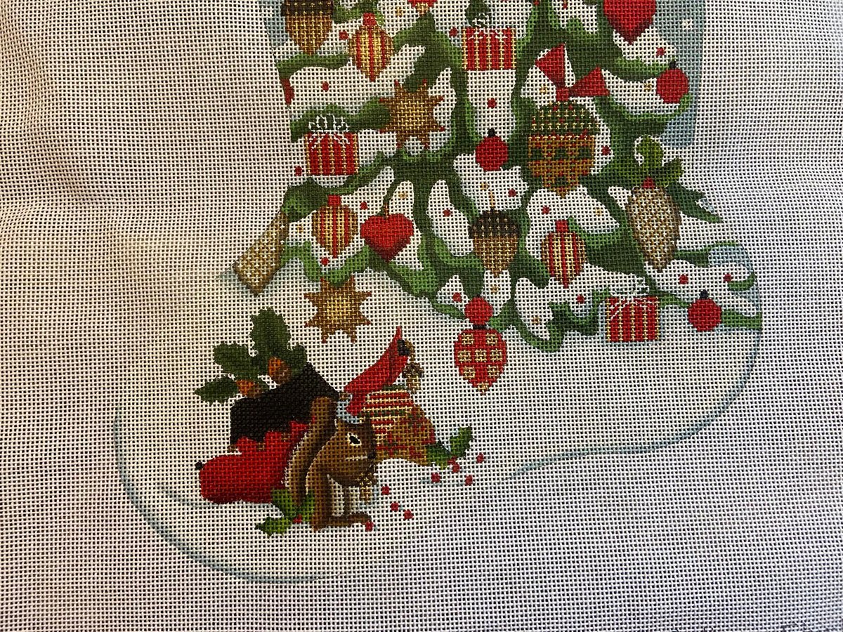 Handpainted Needlepoint Stocking Canvas MELISSA SHIRLEY Acorn Tree 2045 with THREADS Holiday Craft Kit, Birds Cardinals Squirrel