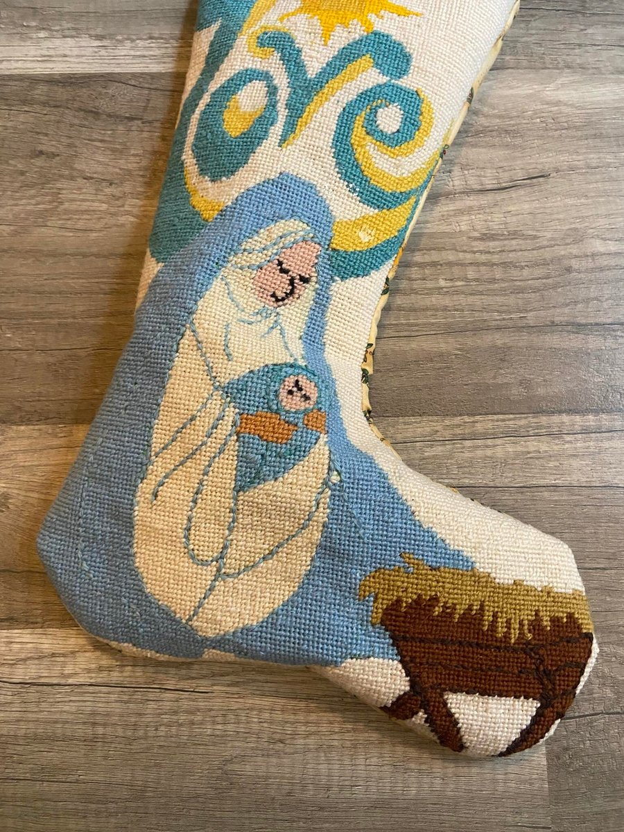 Handmade Stocking New VTG Late 60's NATIVITY Holy Night Mother Child Needlepoint Christmas Stocking