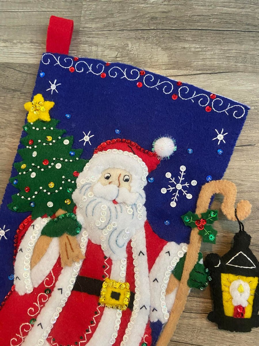 Christmas Stocking | Finished BUCILLA Santa with Lantern | Handmade Holiday Stocking | 86903E Custom Embroidered Stocking