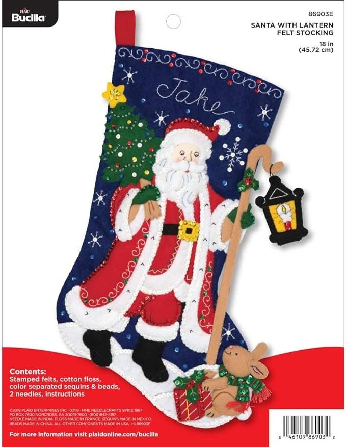 Christmas Stocking | Finished BUCILLA Santa with Lantern | Handmade Holiday Stocking | 86903E Custom Embroidered Stocking