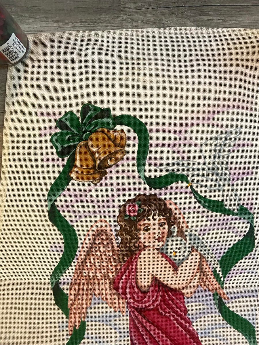 NEW VTG Barbara Elmore RARE Handpainted Christmas Needlepoint Stocking Canvas Angel Holiday Stocking Doves Harp