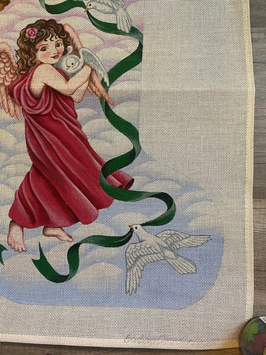 NEW VTG Barbara Elmore RARE Handpainted Christmas Needlepoint Stocking Canvas Angel Holiday Stocking Doves Harp