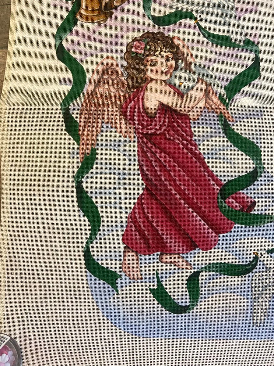 NEW VTG Barbara Elmore RARE Handpainted Christmas Needlepoint Stocking Canvas Angel Holiday Stocking Doves Harp