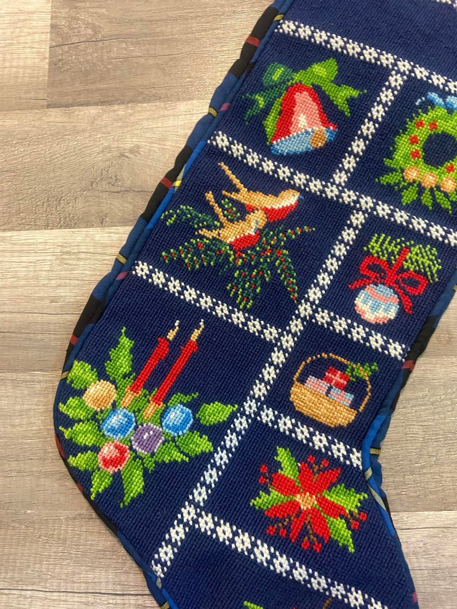 Vintage Handmade Christmas Stocking RARE SUSAN TREGLOWN Mid-80s Bells Wreath Doves Needlepoint Stocking Embroidered Stockings Custom
