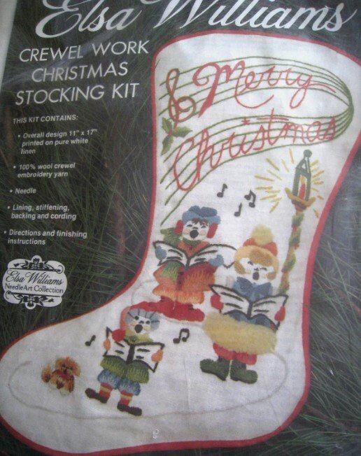 Christmas Stocking Vintage 1970's CREWEL WORK Finished Elsa Williams Carolers #00188 Needlepoint Holiday Decor