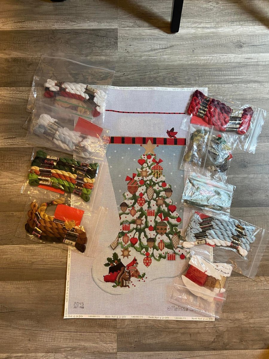 Handpainted Needlepoint Stocking Canvas MELISSA SHIRLEY Acorn Tree 2045 with THREADS Holiday Craft Kit, Birds Cardinals Squirrel