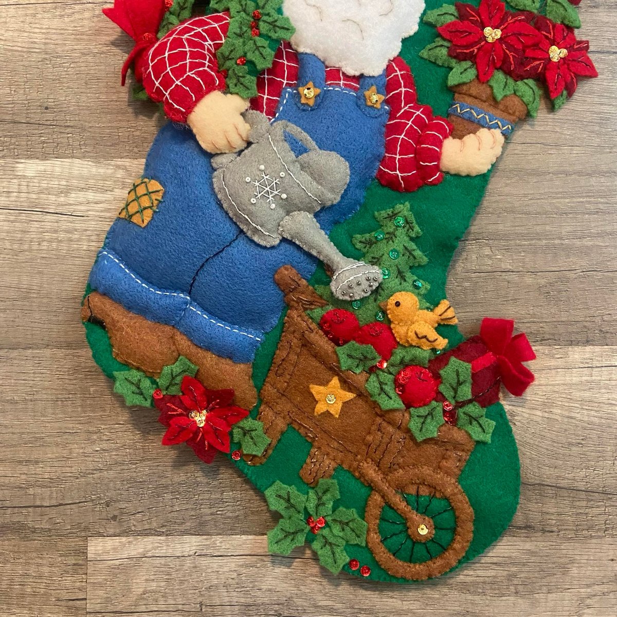 Christmas Stocking, Finished Bucilla Kit, GARDEN SANTA Handmade, #85428 Stocking