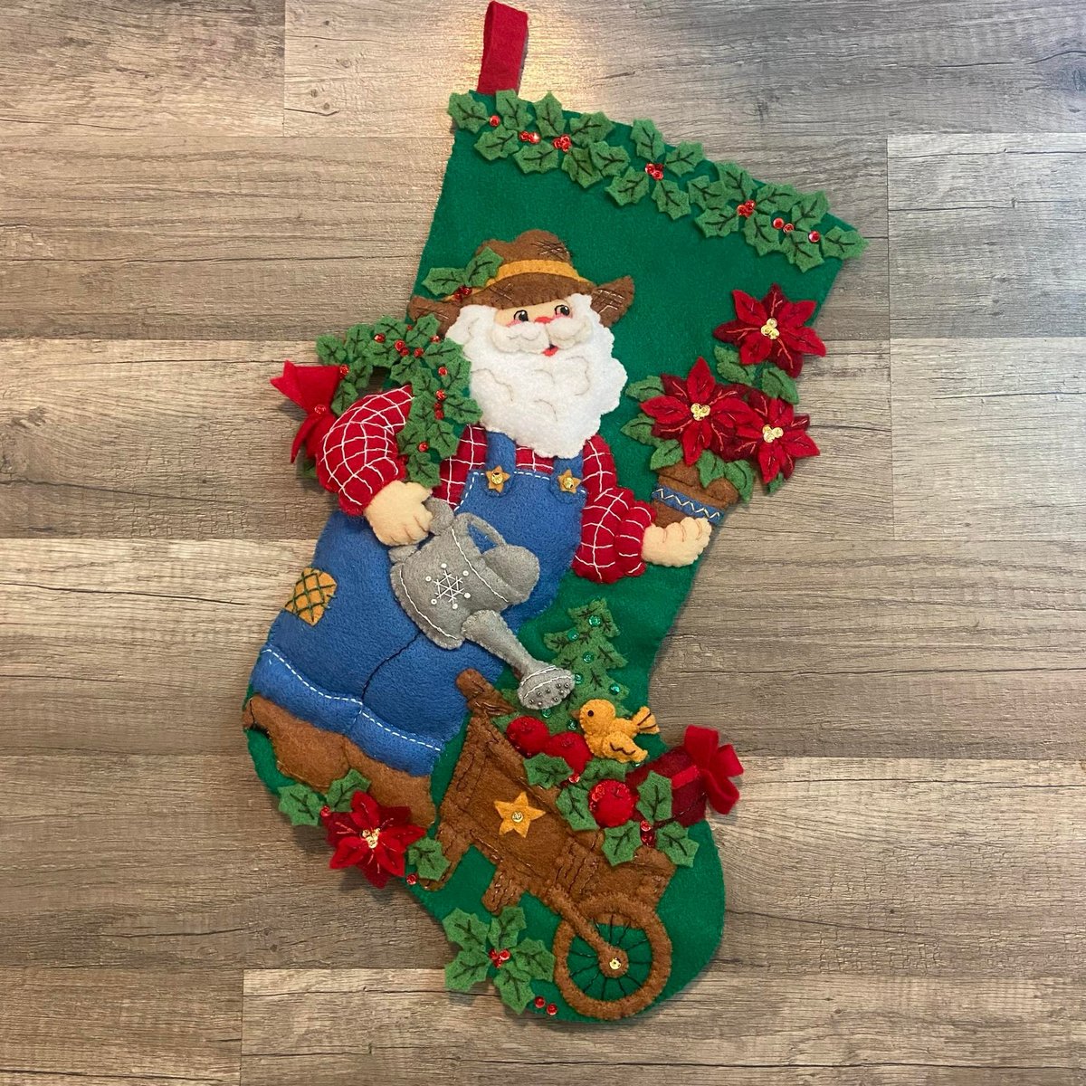 Christmas Stocking, Finished Bucilla Kit, GARDEN SANTA Handmade, #85428 Stocking