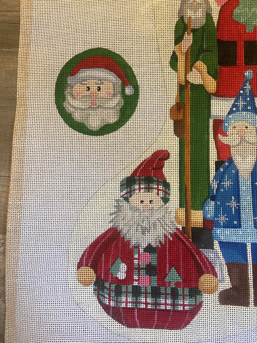 New Vintage ALEXA? Christmas Stocking Oodles of Santa Handpainted Needlepoint Canvas W/ Ornament Holiday Decor