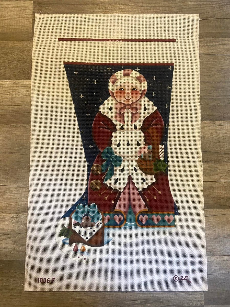 New Vintage MELISSA SHIRLEY DESIGNS Handpainted Christmas Stocking Hannah Rose Mrs. Claus with Gifts Holiday Sock Canvas