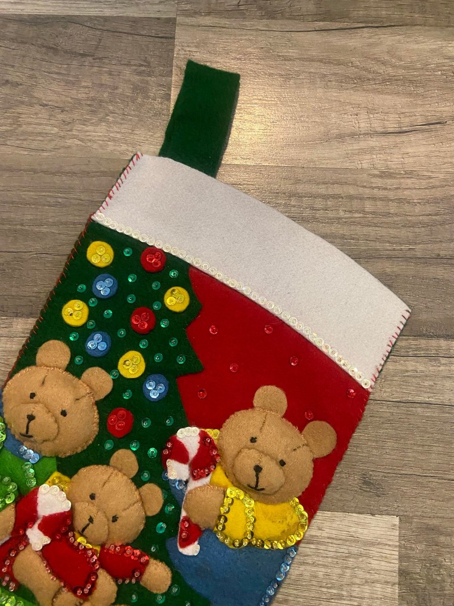 Handmade Christmas Stocking Vintage FINISHED Bucilla Teddy Bear Christmas Handmade Felt Christmas Stocking # 33253 Holiday Decor