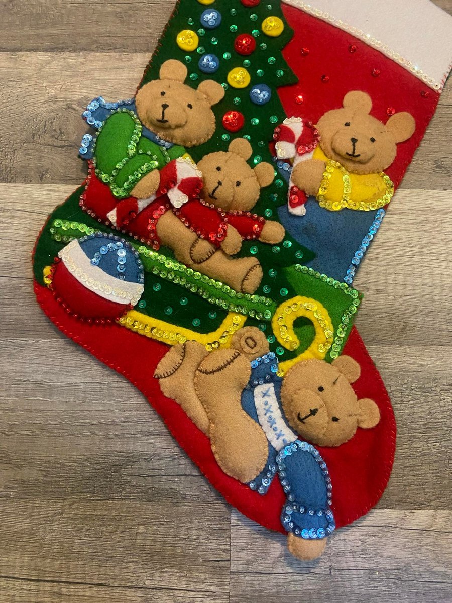 Handmade Christmas Stocking Vintage FINISHED Bucilla Teddy Bear Christmas Handmade Felt Christmas Stocking # 33253 Holiday Decor