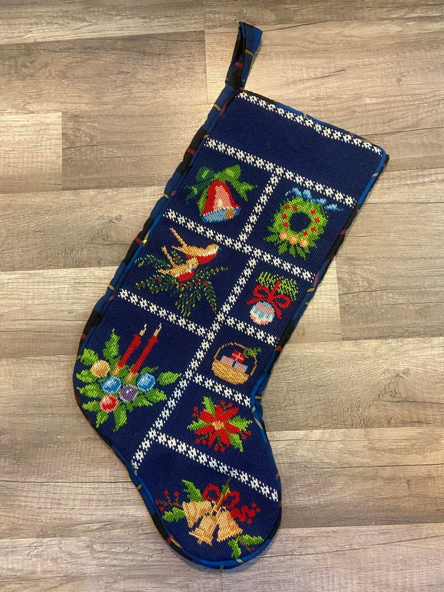 Vintage Handmade Christmas Stocking RARE SUSAN TREGLOWN Mid-80s Bells Wreath Doves Needlepoint Stocking Embroidered Stockings Custom