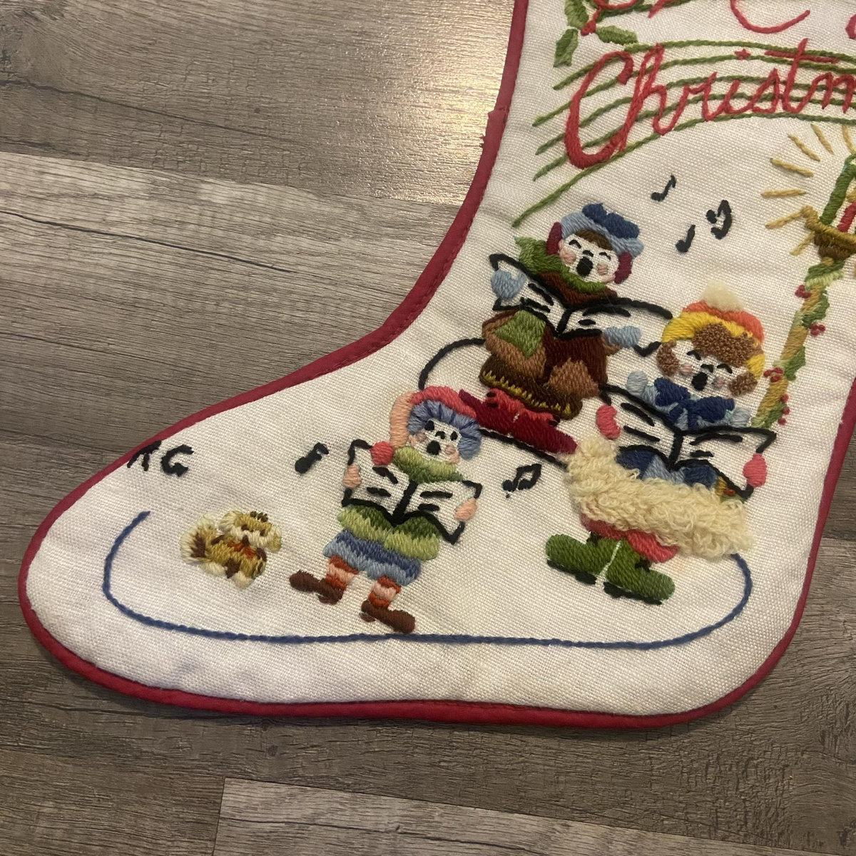 Christmas Stocking Vintage 1970's CREWEL WORK Finished Elsa Williams Carolers #00188 Needlepoint Holiday Decor