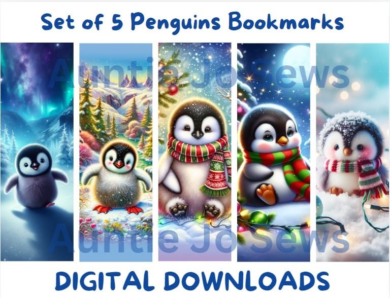 Printable Bookmark | Set of 5 Printable Penguin Bookmarks | Winter Bookmarks | Book Lover Designs | Shiny Bookmarks | Instant Download