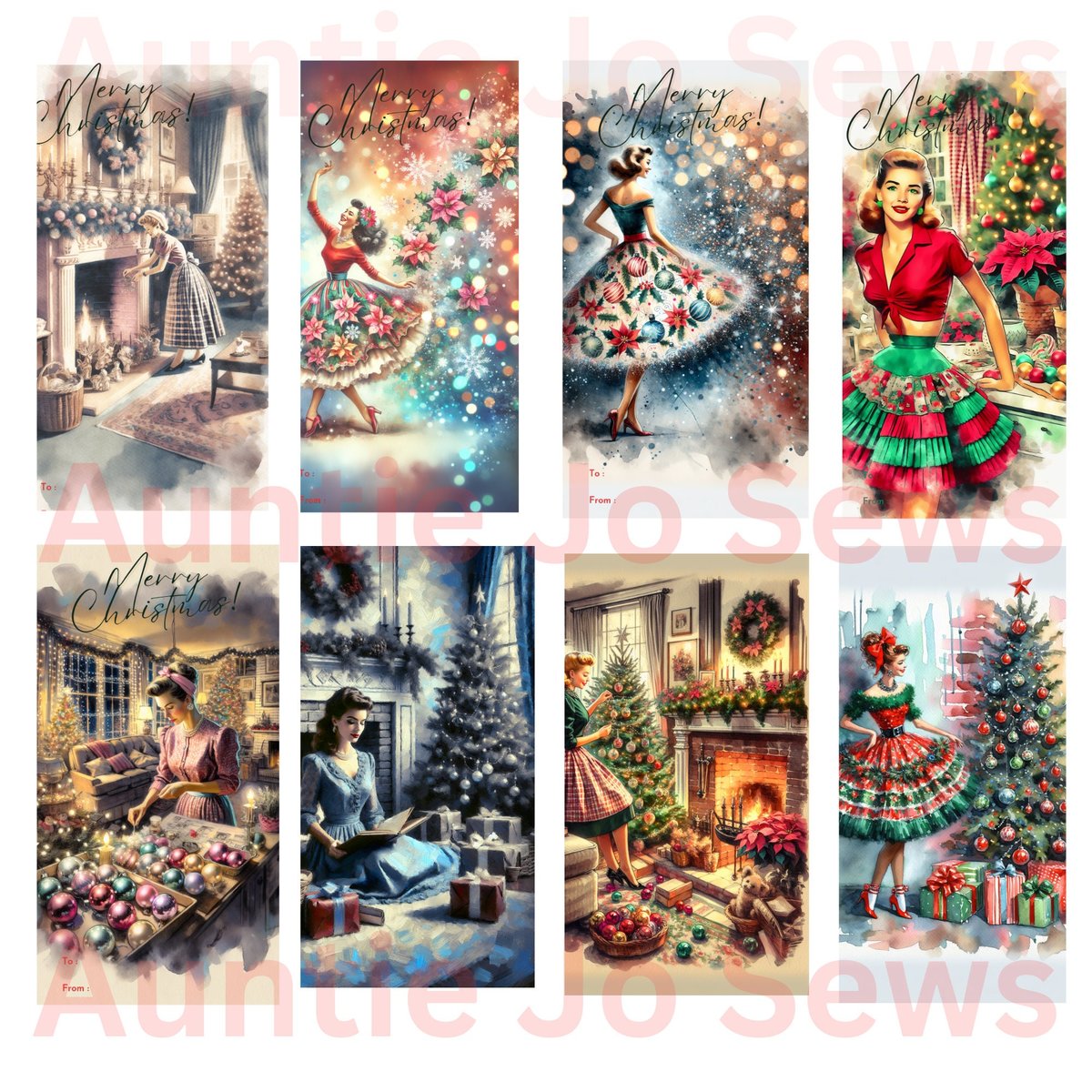 Retro Vintage Lady Christmas Tags Printable Hang Tags Gift Tags PDF & PNG Format Vintage Christmas Digital Collage Sheets Junk Journal