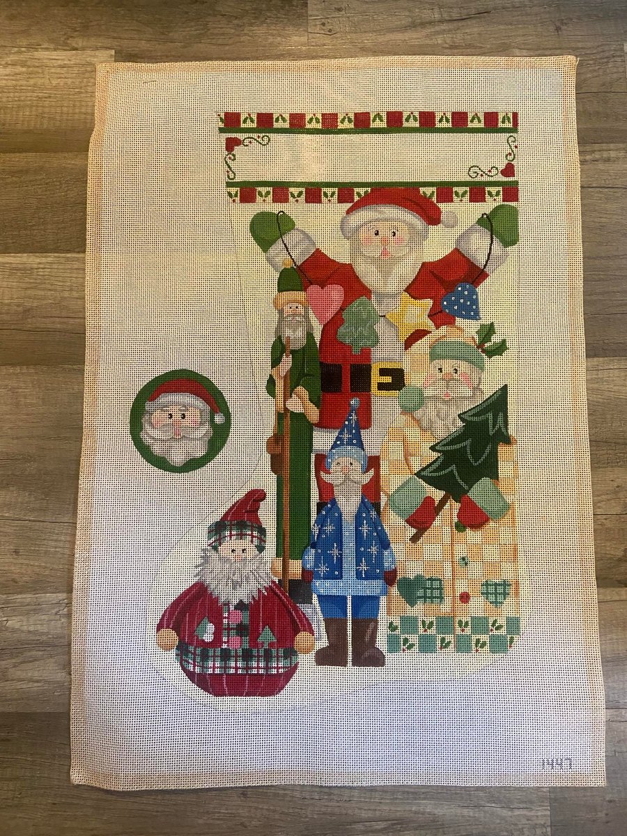 New Vintage ALEXA? Christmas Stocking Oodles of Santa Handpainted Needlepoint Canvas W/ Ornament Holiday Decor