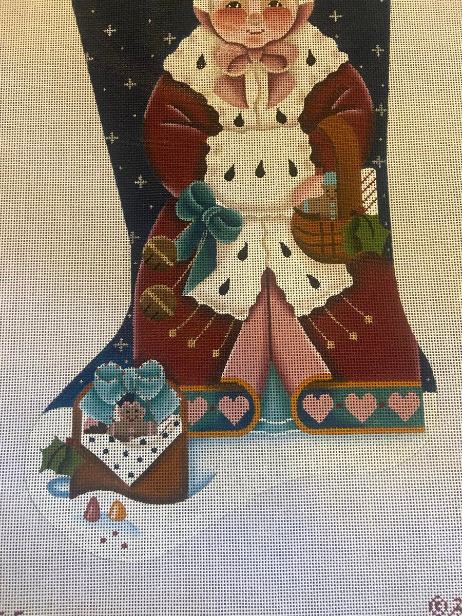 New Vintage MELISSA SHIRLEY DESIGNS Handpainted Christmas Stocking Hannah Rose Mrs. Claus with Gifts Holiday Sock Canvas