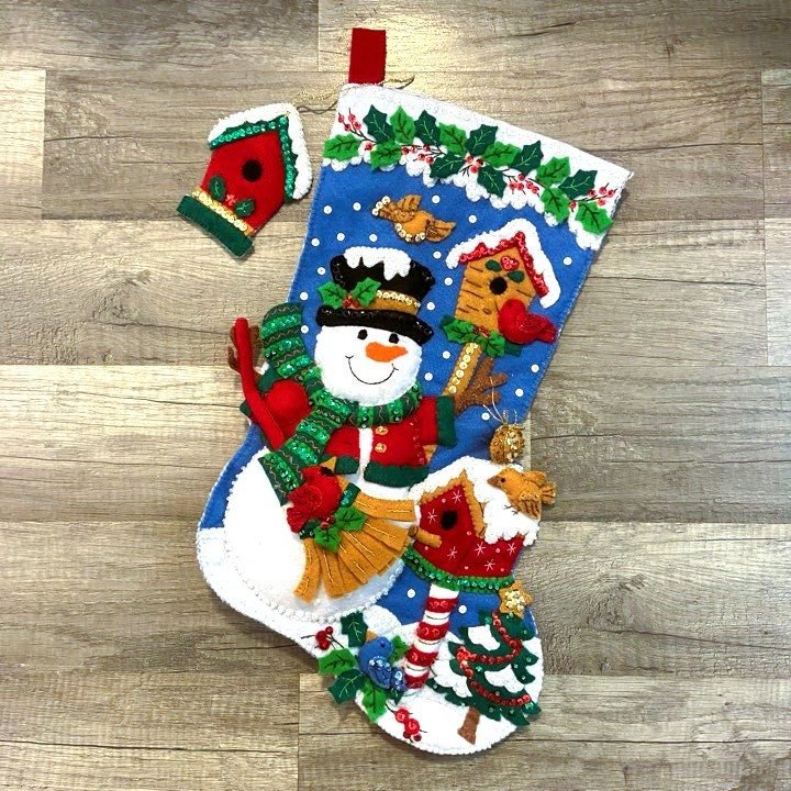 FINISHED Bucilla Christmas Stocking From Kit #86234 Snowman with Birds 18in - 2010 - Birds Pinecones Winter Birds Christmas Birds