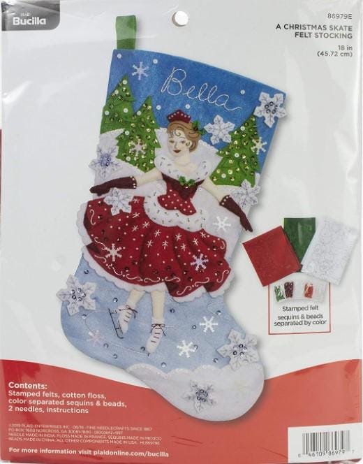 Christmas Stocking New Finished Bucilla CHRISTMAS SKATE 86979E 18in Ice Figure Skating a Felt Holiday Stocking