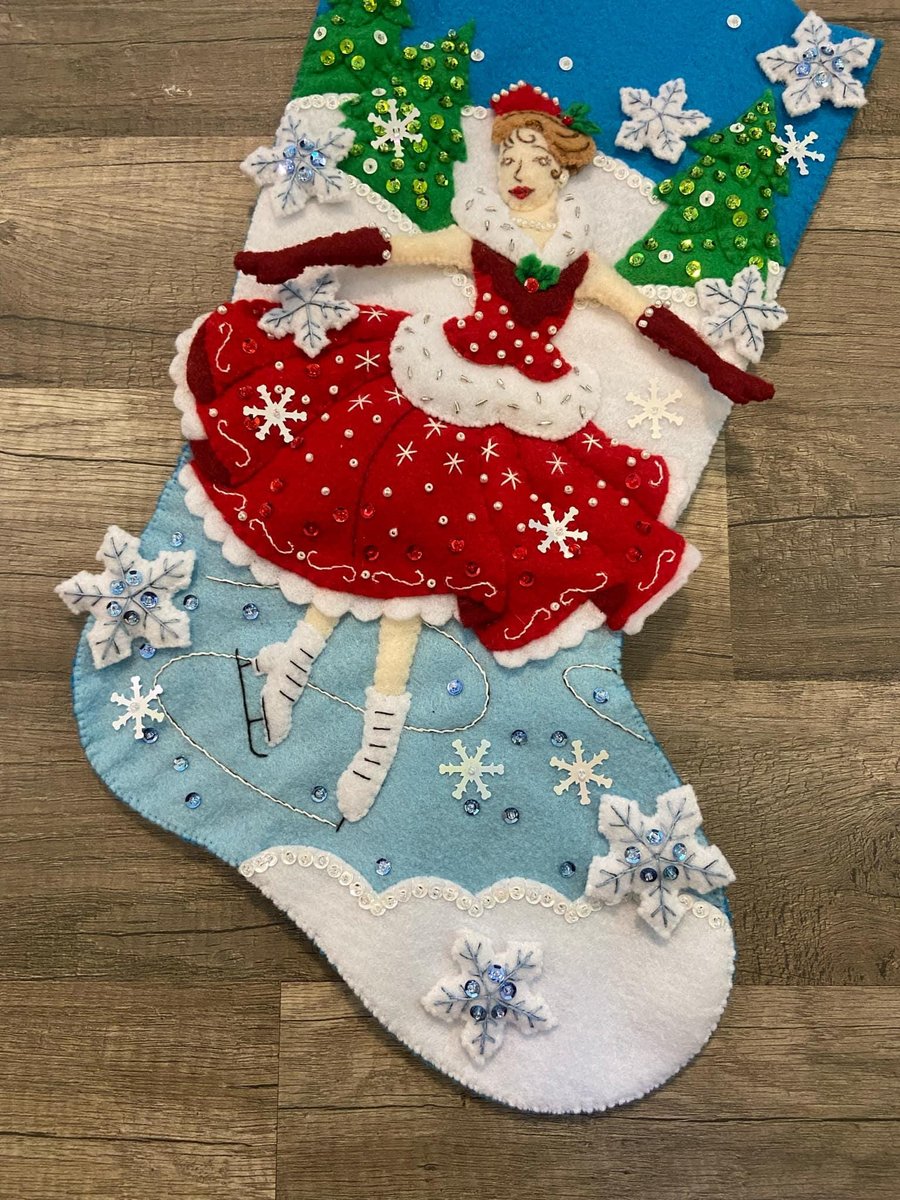 Christmas Stocking New Finished Bucilla CHRISTMAS SKATE 86979E 18in Ice Figure Skating a Felt Holiday Stocking