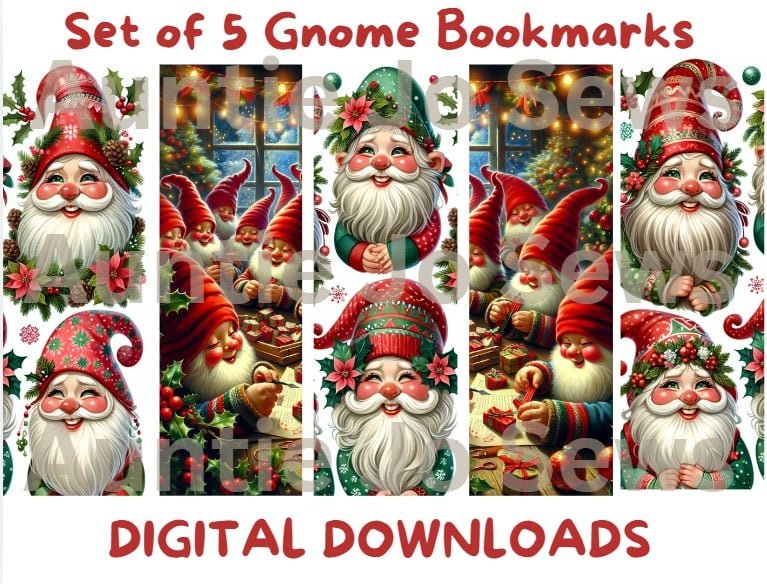 Gnomes Bookmark - Set of 5 Printable Christmas Holiday Bookmarks - Red & Green Gnomes - Book Lover Designs - Gnome Gift Ideas