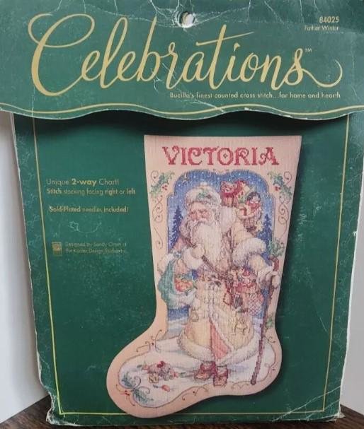 Handmade Christmas Stocking, New Vintage Finished BUCILLA Celebrations Counted Cross Stitch FATHER WINTER 84025 Embroidered Stockings