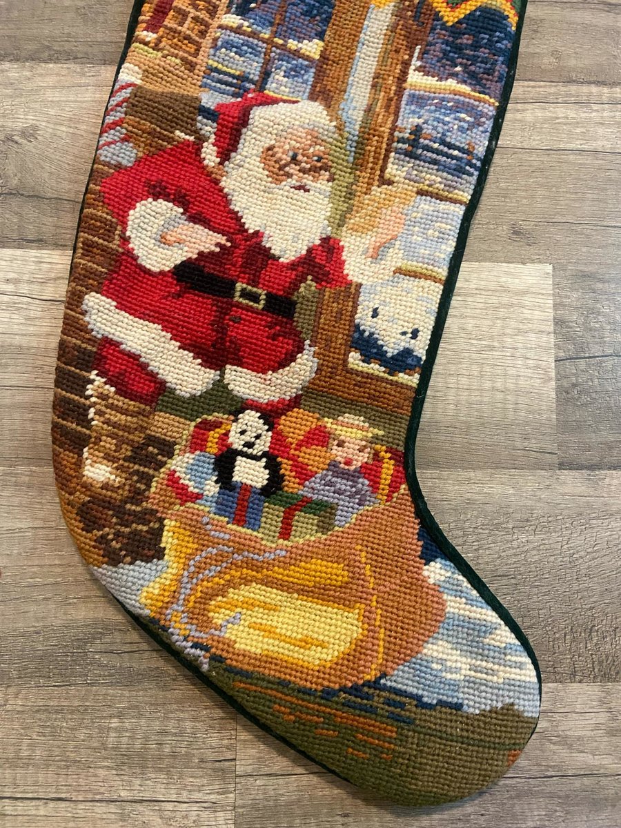 Custom Christmas Stocking Vintage Handmade Needlepoint Santa Claus W/ Toy Sack Holiday Stocking, Custom Finished Stocking, Fireplace Decor