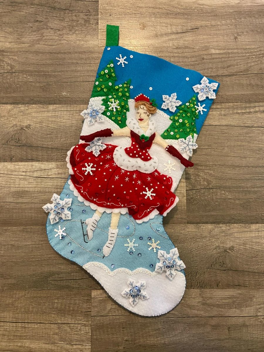 Christmas Stocking New Finished Bucilla CHRISTMAS SKATE 86979E 18in Ice Figure Skating a Felt Holiday Stocking