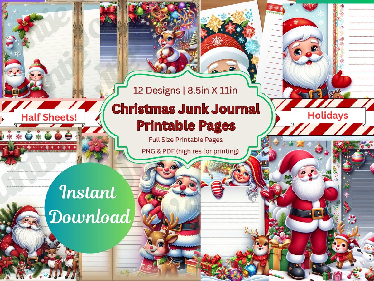 Christmas Junk Journal Kit, Junk Journal Printables, Christmas Printables, Christmas Digitals, Holiday Printables, Christmas Lined Papers