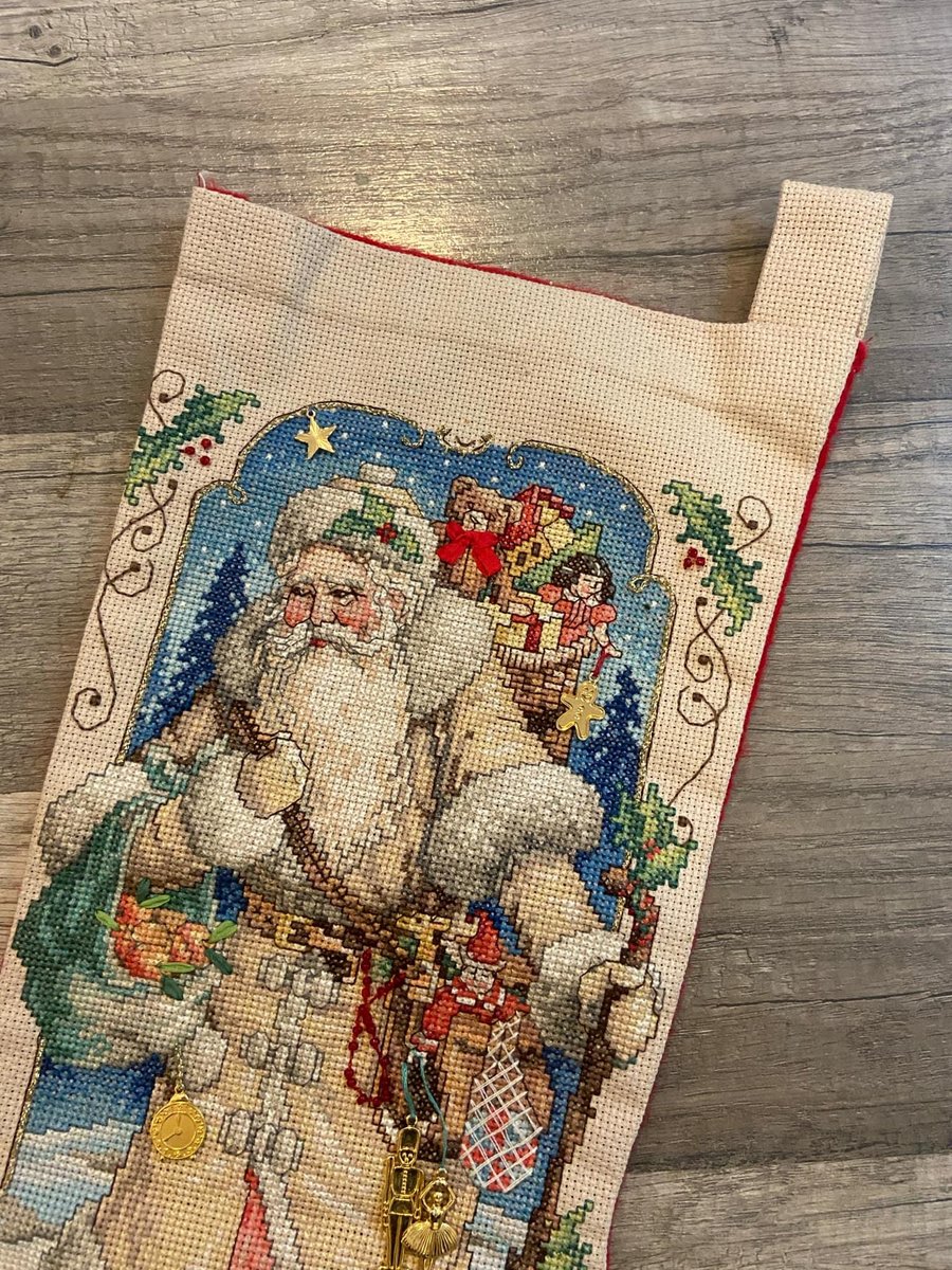 Handmade Christmas Stocking, New Vintage Finished BUCILLA Celebrations Counted Cross Stitch FATHER WINTER 84025 Embroidered Stockings