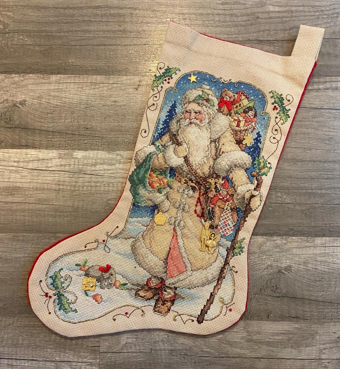 Handmade Christmas Stocking, New Vintage Finished BUCILLA Celebrations Counted Cross Stitch FATHER WINTER 84025 Embroidered Stockings