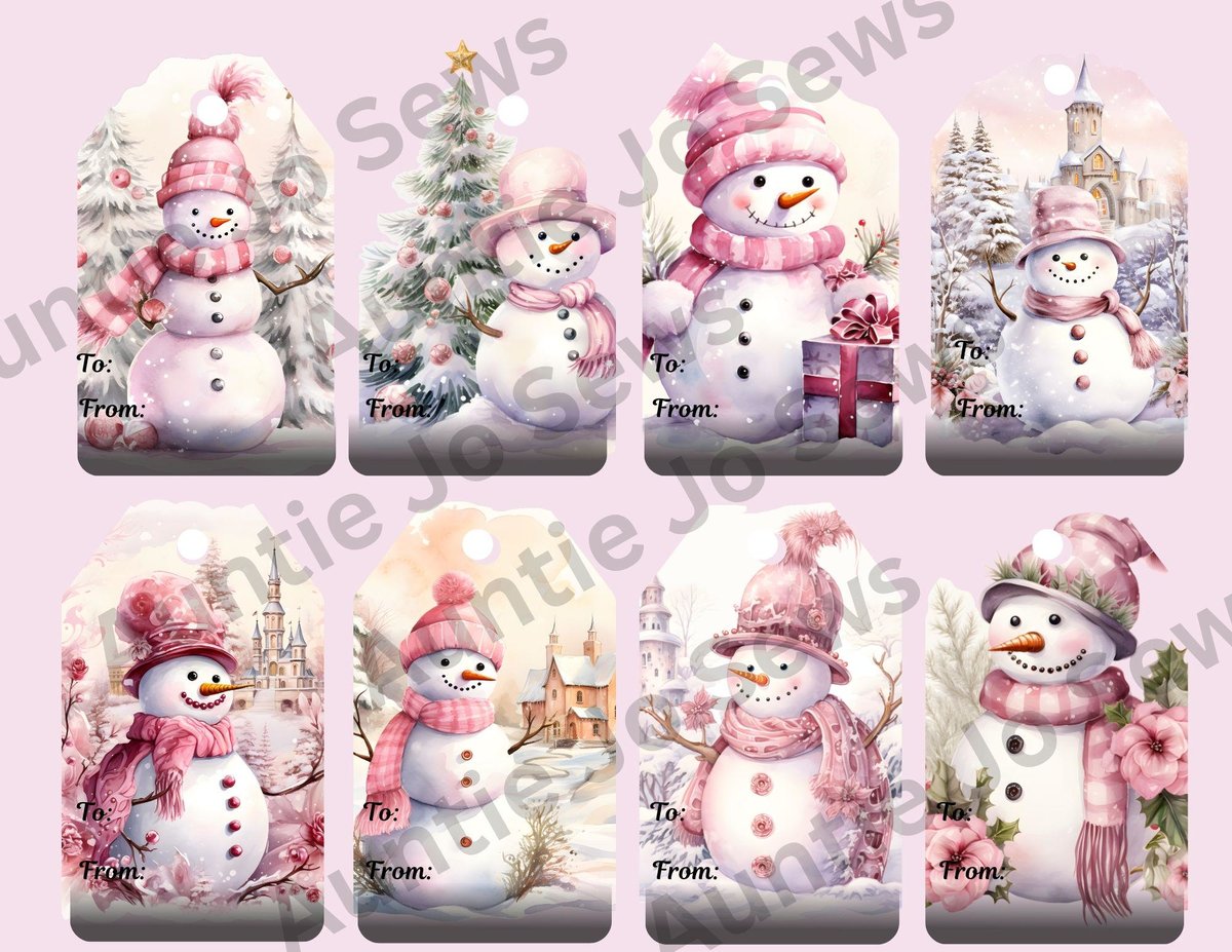 Printable Christmas Gift Tags, Pink Snowman Holiday Tags, Christmas Tags, Printables, Instant Print Tags, Holiday Gift Tags Instant Download