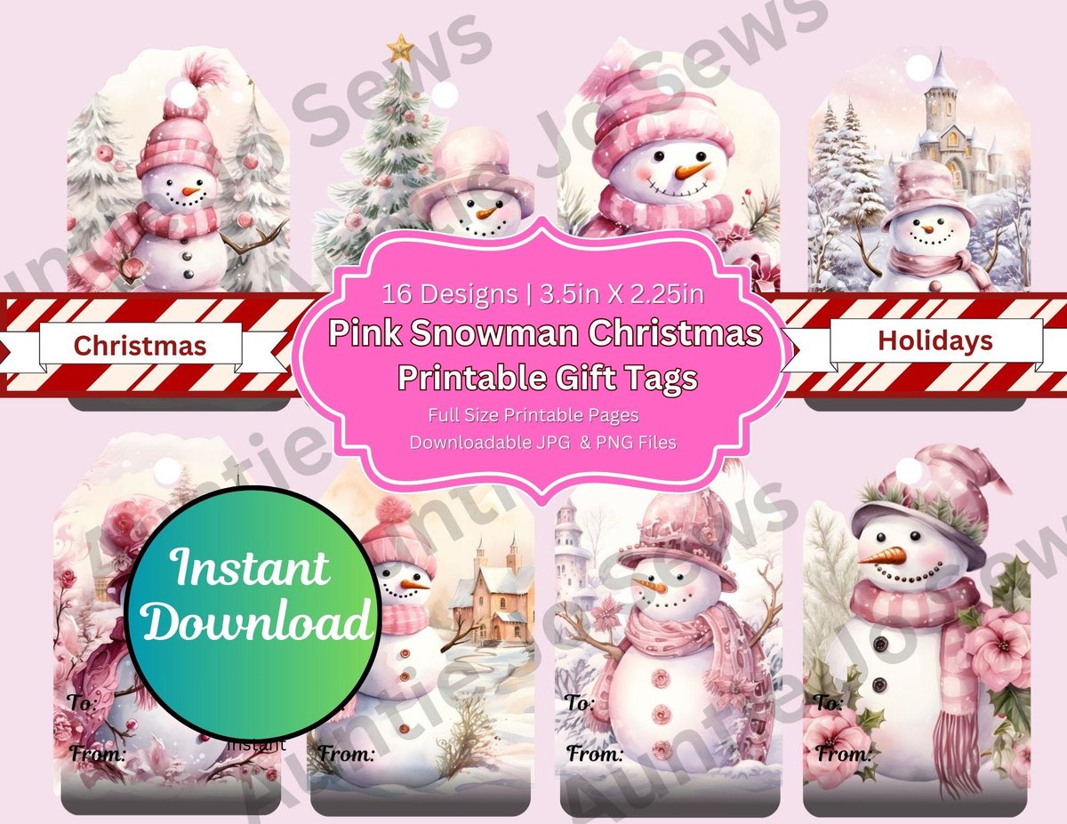Printable Christmas Gift Tags, Pink Snowman Holiday Tags, Christmas Tags, Printables, Instant Print Tags, Holiday Gift Tags Instant Download