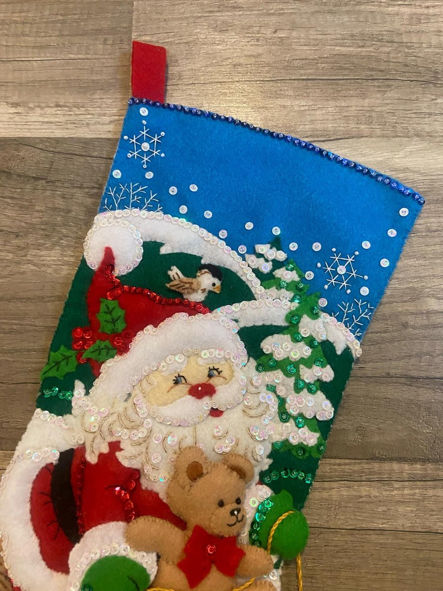 Handmade Christmas Stocking FINISHED Bucilla SANTA'S SLED Felt #86279 Embroidered Stocking Custom Stocking Teddy Bear Holiday Decor