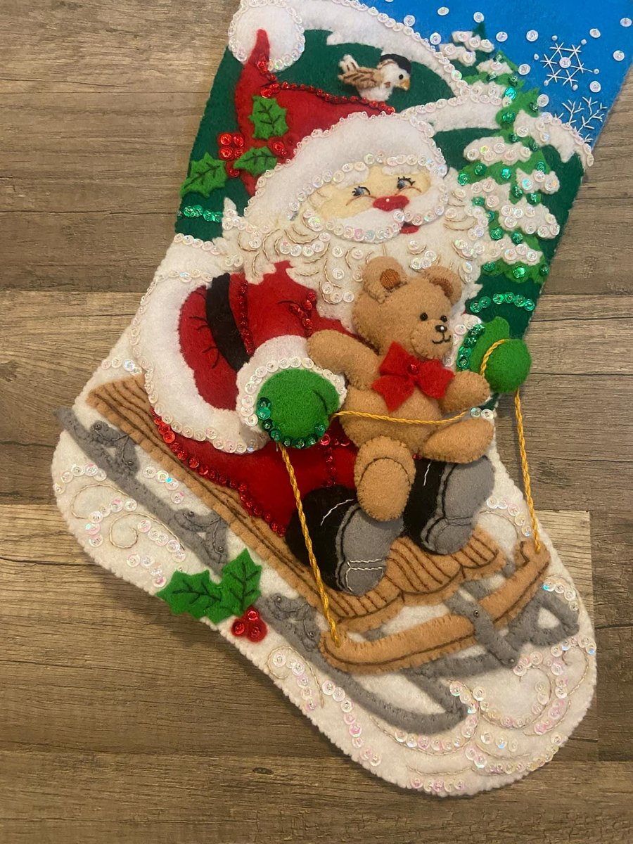 Handmade Christmas Stocking FINISHED Bucilla SANTA'S SLED Felt #86279 Embroidered Stocking Custom Stocking Teddy Bear Holiday Decor