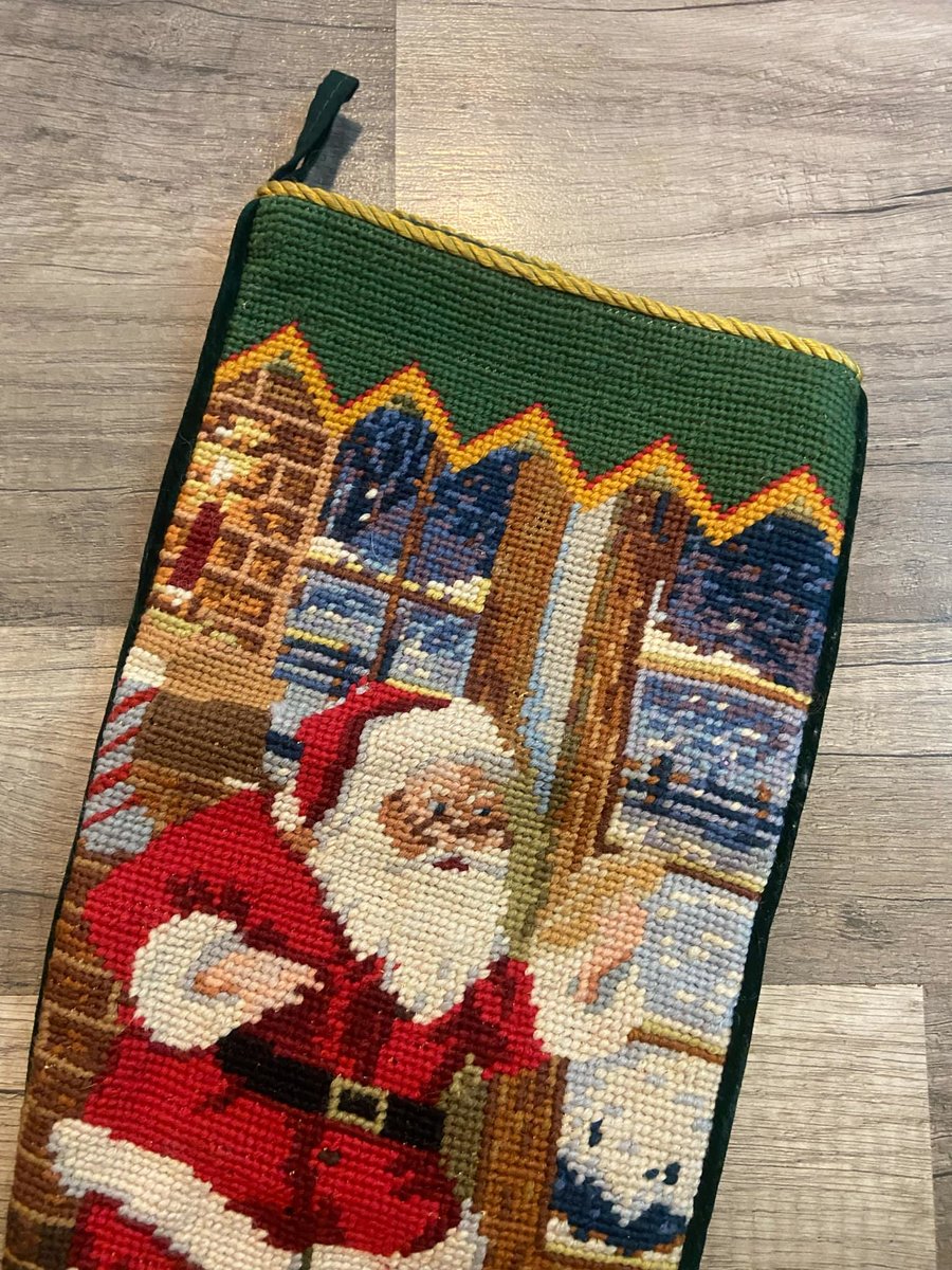 Custom Christmas Stocking Vintage Handmade Needlepoint Santa Claus W/ Toy Sack Holiday Stocking, Custom Finished Stocking, Fireplace Decor